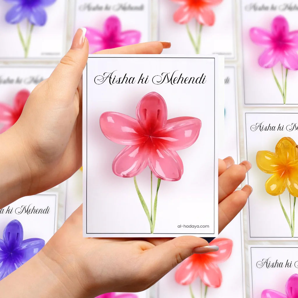 Personalized Henna Hues Flower Hair Clip Favor Card for Mehendi and Wedding Celebrations