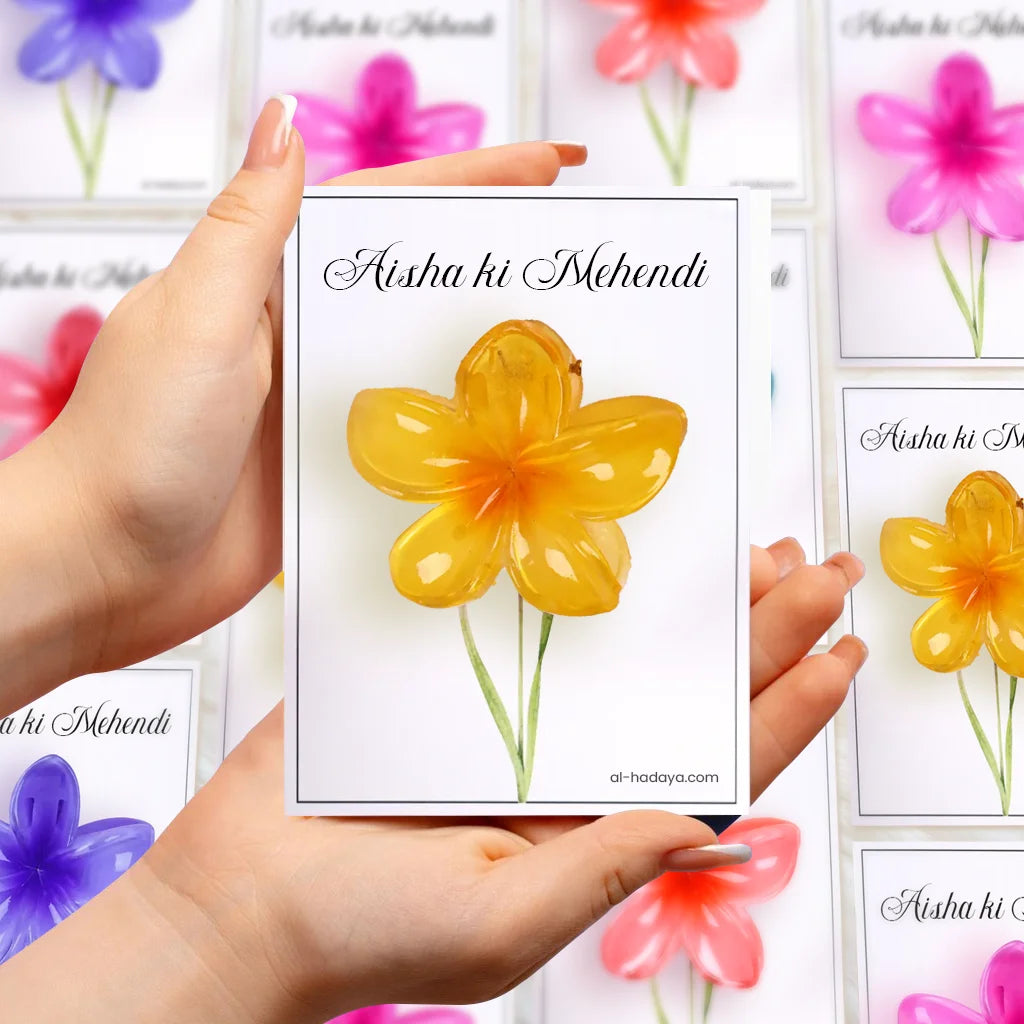 Personalized Henna Hues Flower Hair Clip Favor Card for Mehendi and Wedding Celebrations