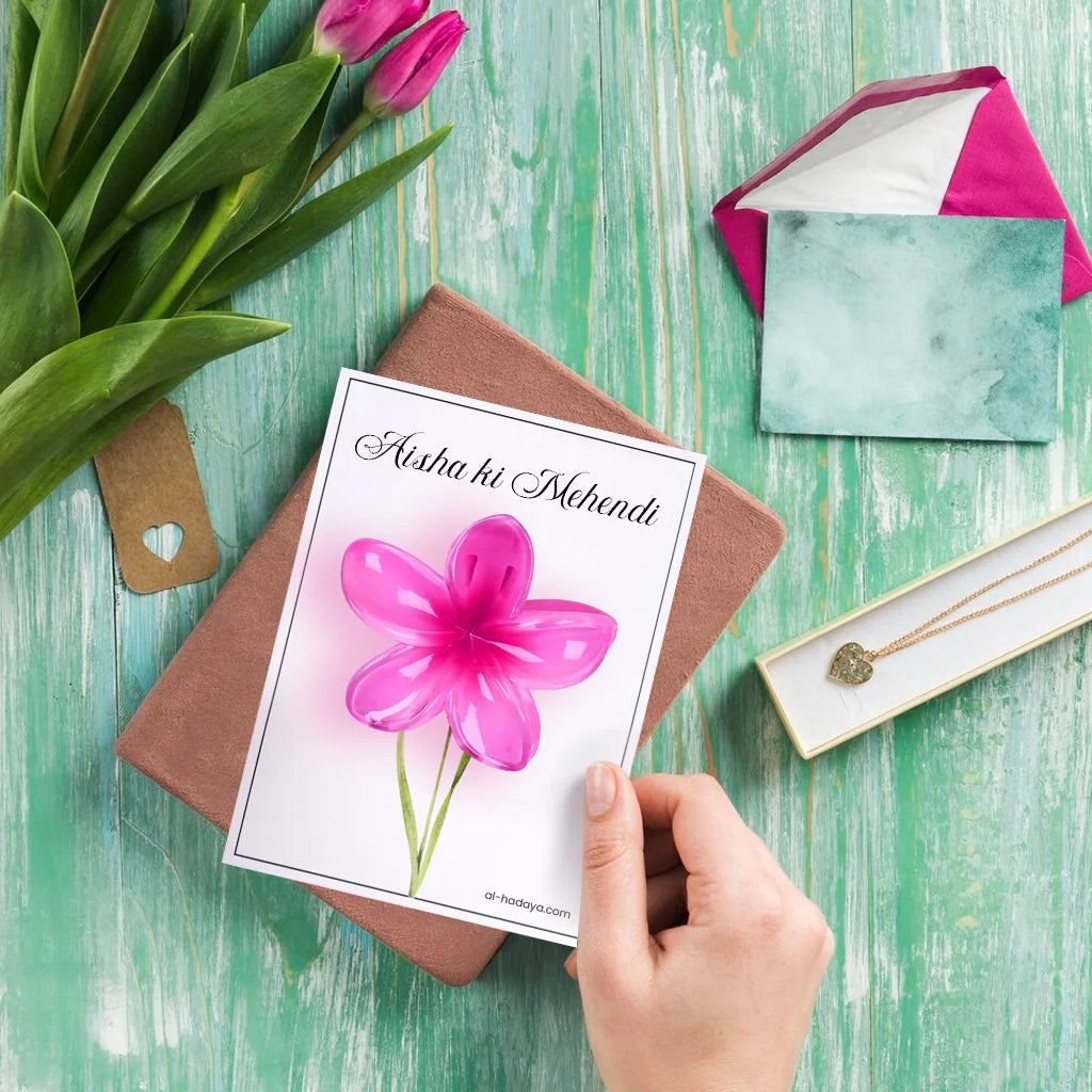 Personalized Henna Hues Flower Hair Clip Favor Card for Mehendi and Wedding Celebrations
