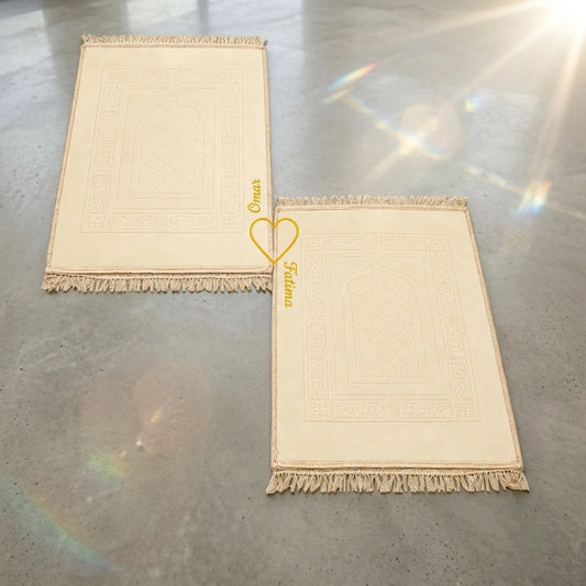 Personalized Champagne Gold Velvet Couple Prayer Mat Set with Gold Calligraphy
