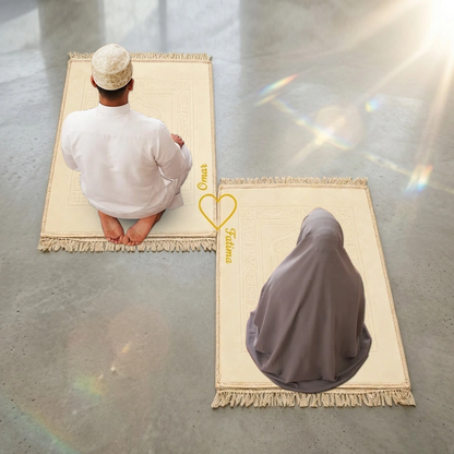 Personalized Champagne Gold Velvet Couple Prayer Mat Set with Gold Calligraphy