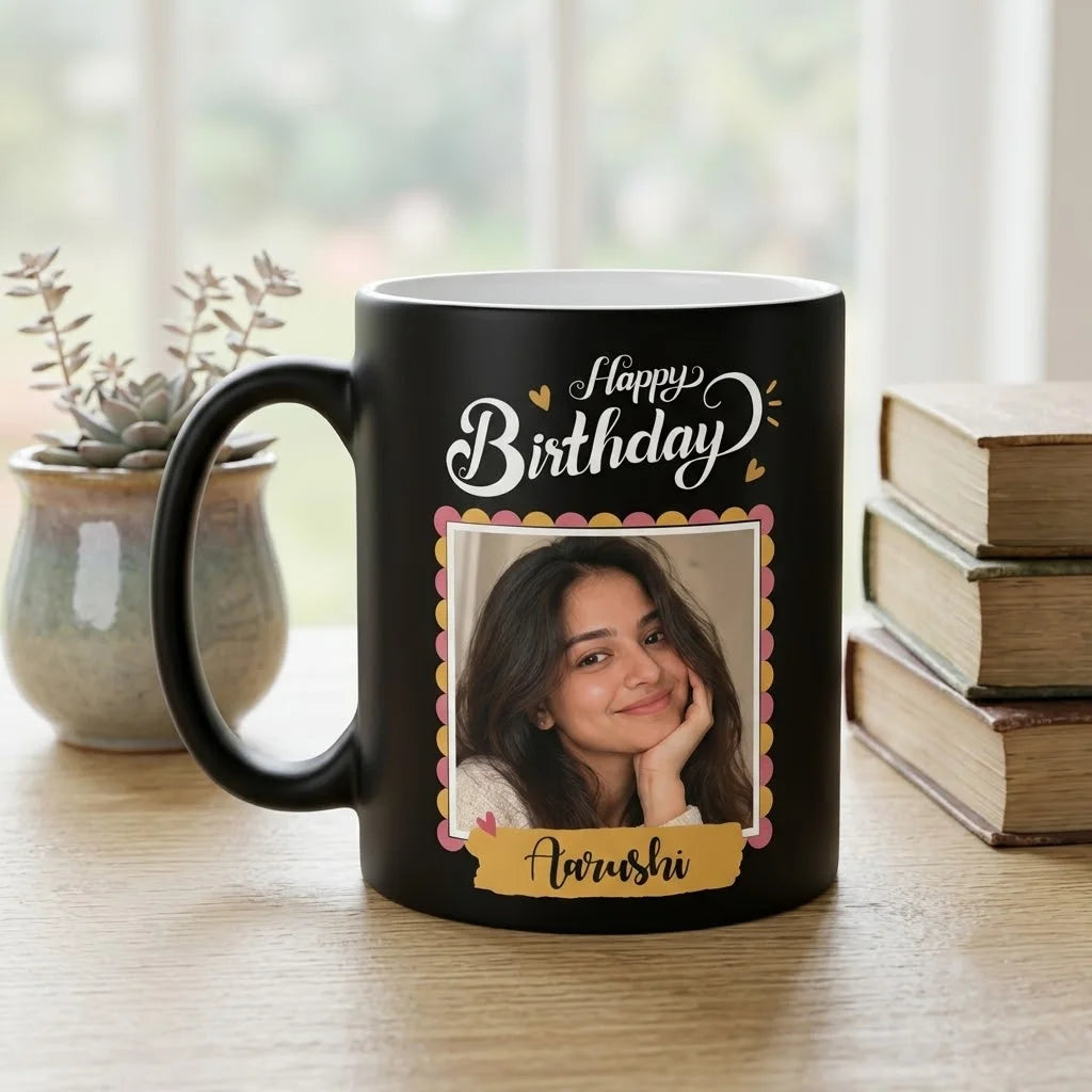 Personalized Matte Black Ceramic Birthday Mug 350ml with Custom Photo and Name Print