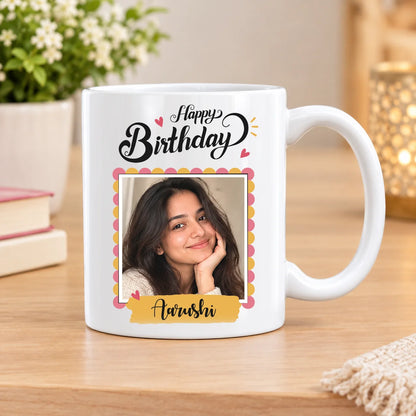 Personalized Happy Birthday White Ceramic Photo Coffee Mug with Custom Name (350 ml)