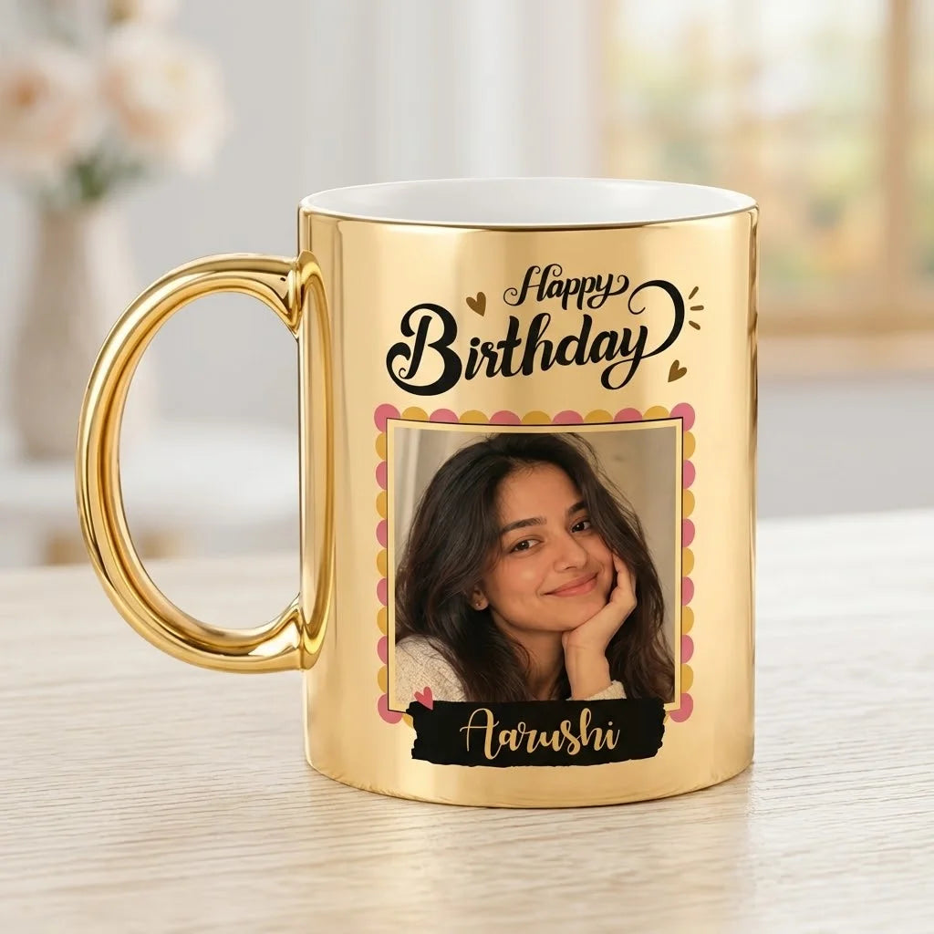 Personalized Metallic Gold Birthday Ceramic Photo Coffee Mug with Custom Name Print