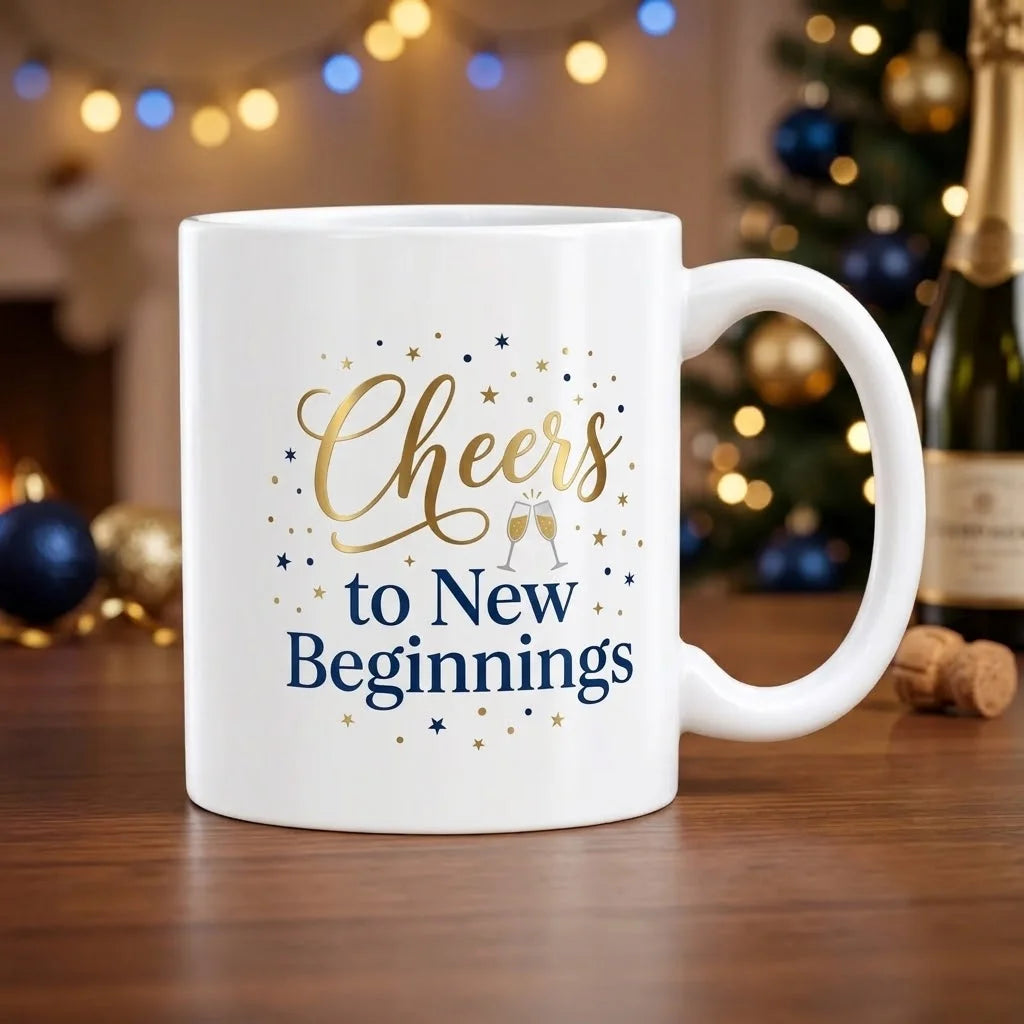 White Ceramic New Year Mug with Gold Cheers Calligraphy Script, Clinking Champagne Glasses, and Navy Blue to New Beginnings Text