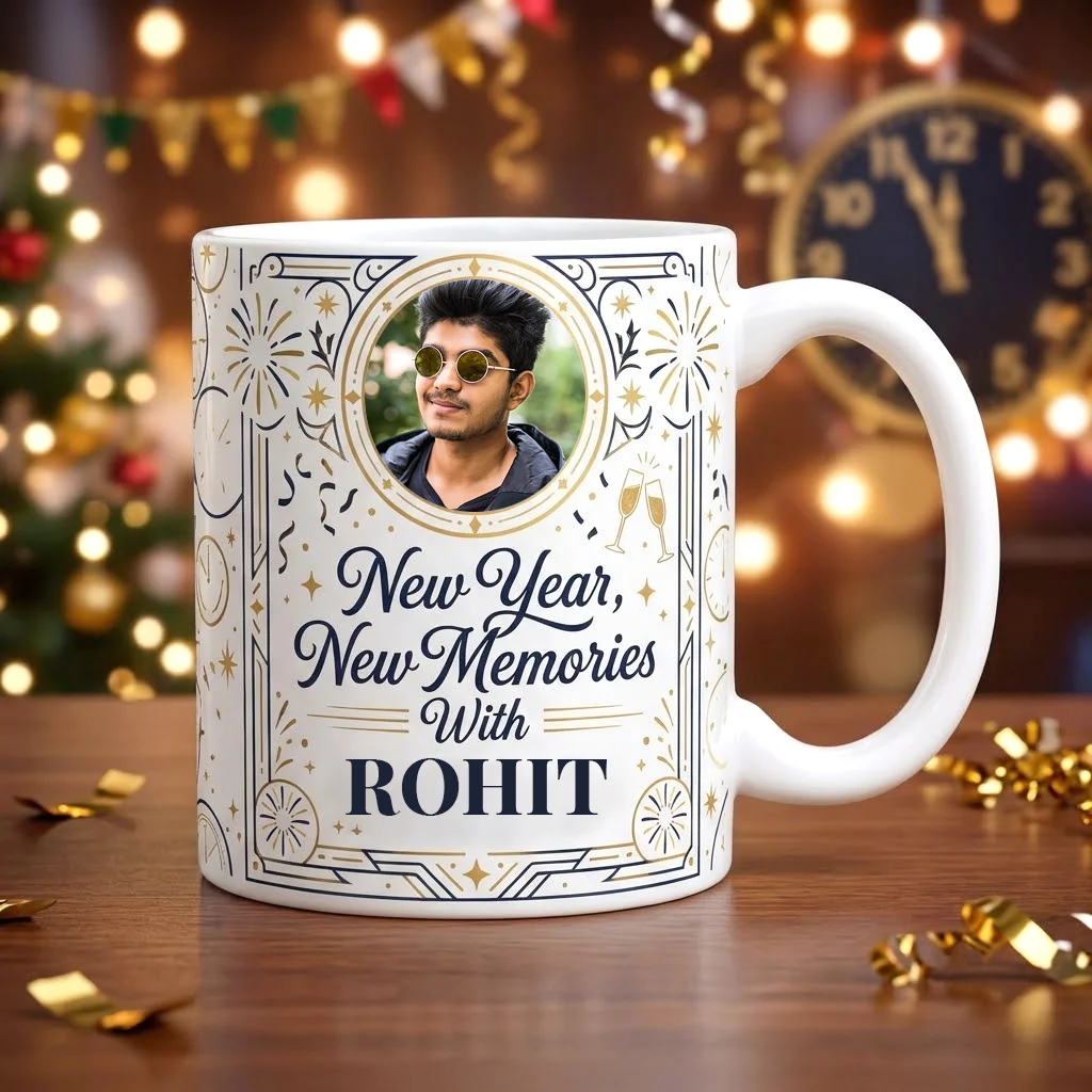 Personalized White Ceramic New Year Mug with Custom Photo in Gold Medallion, Art Deco Border, Fireworks, and New Year New Memories Name Script