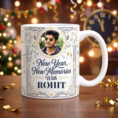 Personalized White Ceramic New Year Mug with Custom Photo in Gold Medallion, Art Deco Border, Fireworks, and New Year New Memories Name Script