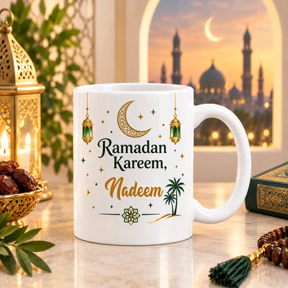Personalized White Ceramic Ramadan Mug with Gold Crescent Moon, Fanous Lanterns, Palm Trees, and Custom Gold Name Script