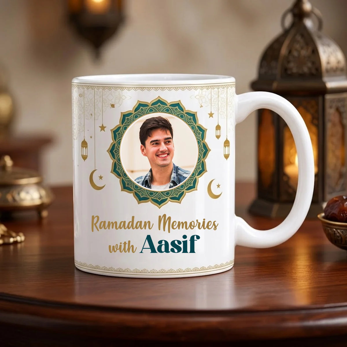 Personalized White Ceramic Ramadan Mug with Custom Photo in Mandala Frame, Crescent Moons, Lanterns, and Custom Name Script