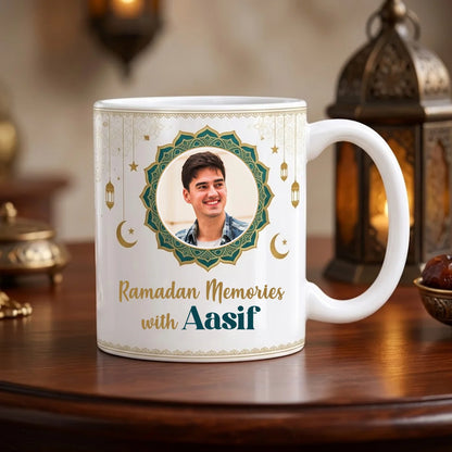 Personalized White Ceramic Ramadan Mug with Custom Photo in Mandala Frame, Crescent Moons, Lanterns, and Custom Name Script