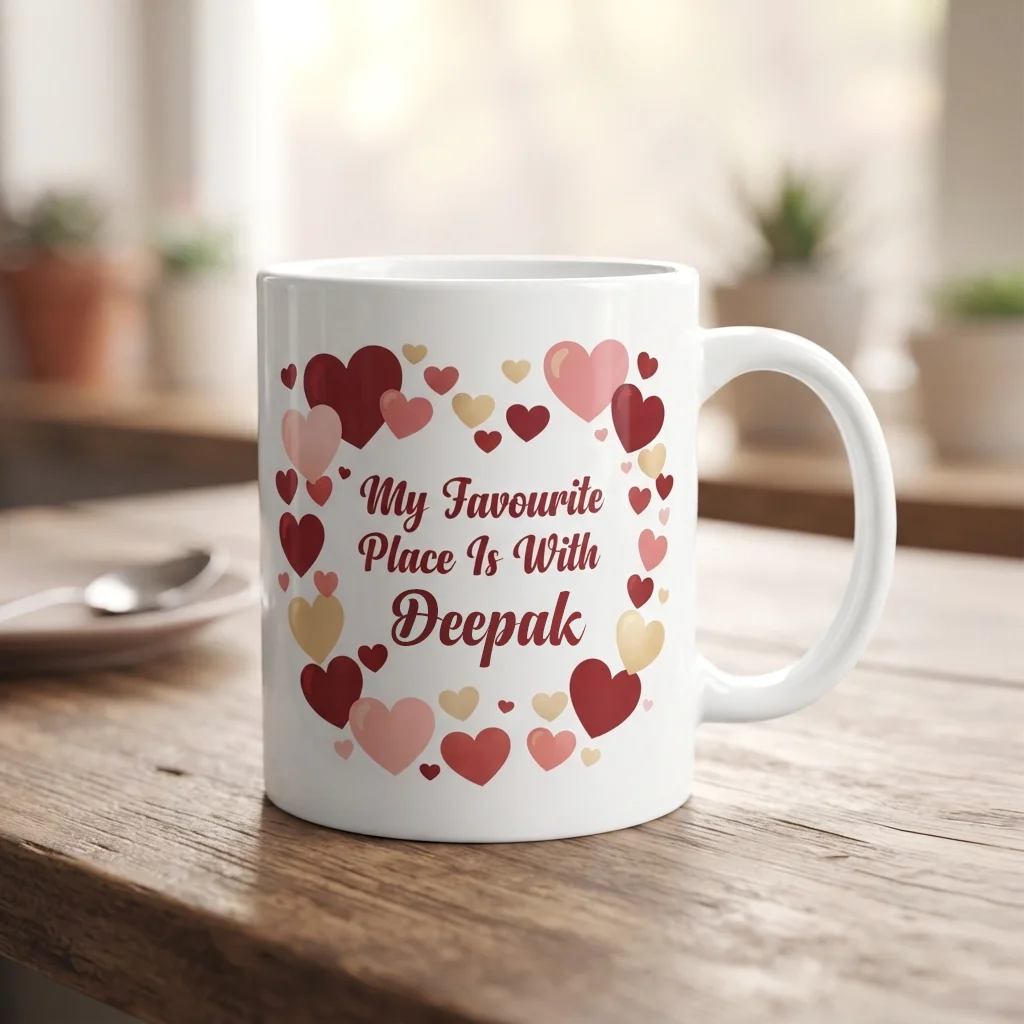 White Ceramic Valentine's Day Mug with My Favourite Place Is With You Red Text, Custom Name, and Red Pink Gold Heart Wreath Frame