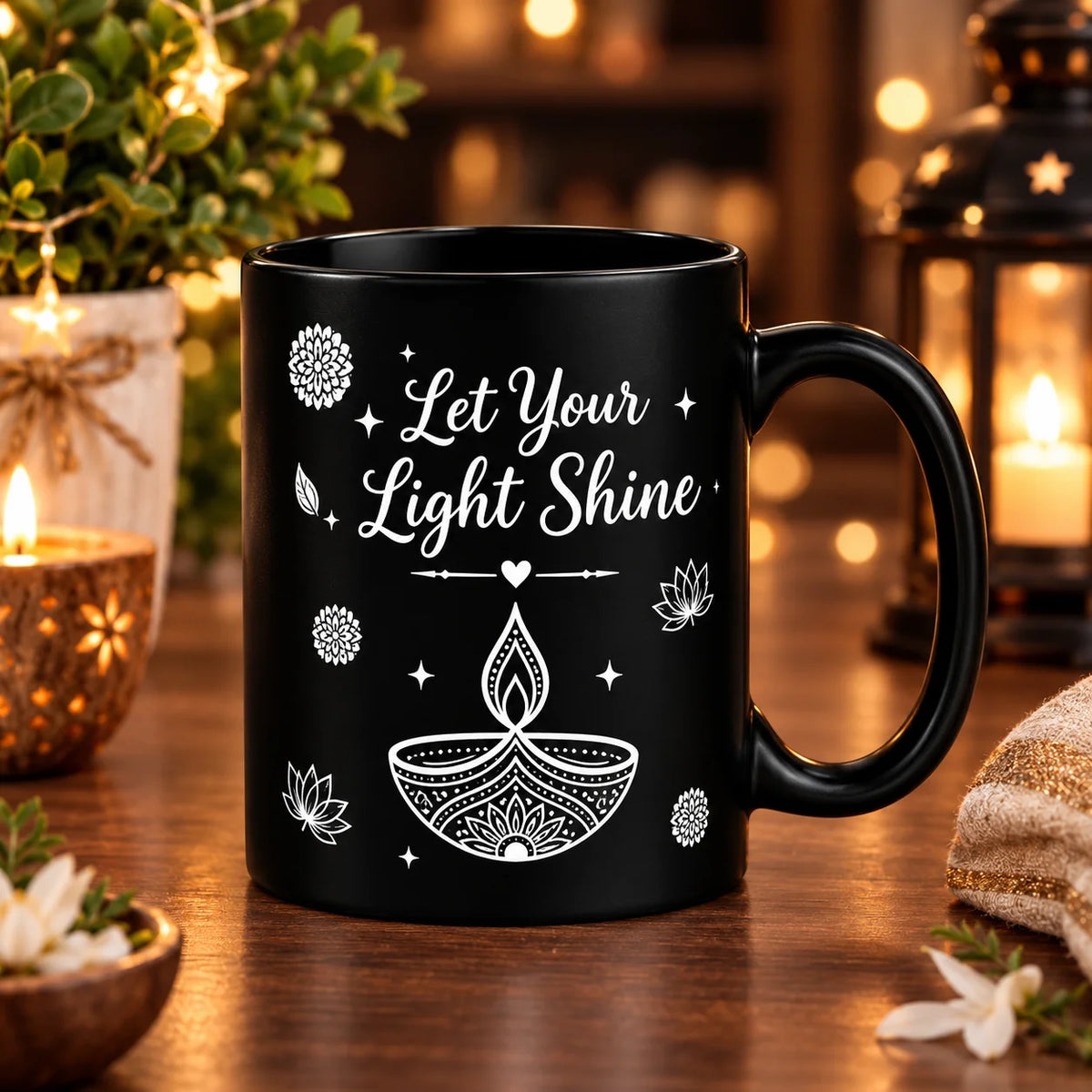 Let Your Light Shine Festive Diya Black Ceramic Mug | Diwali Gift Coffee Mug (350 ml)