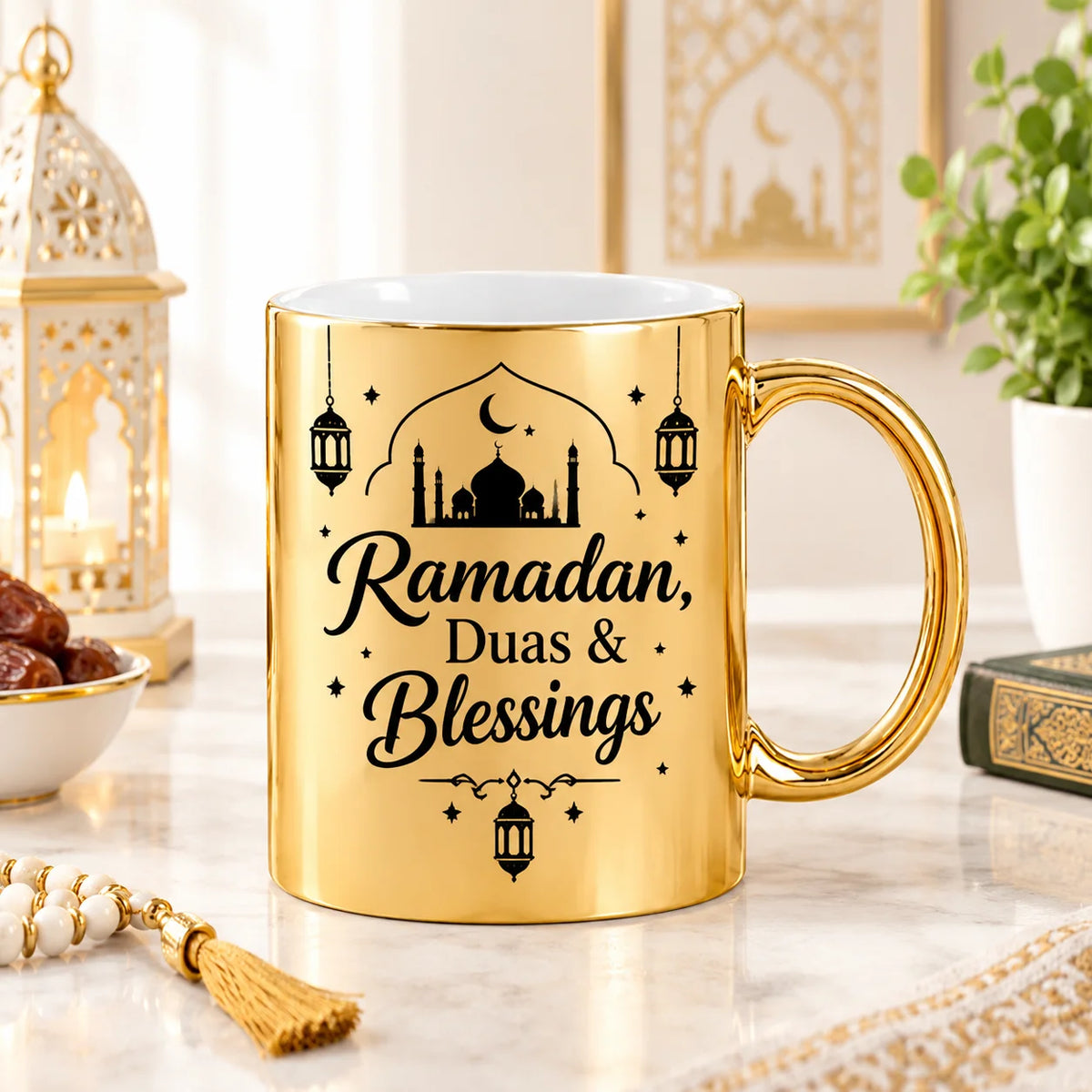 White Ceramic Ramadan Mug with Gold Mosque Silhouette, Hanging Lanterns, and Duas & Blessings Script 2