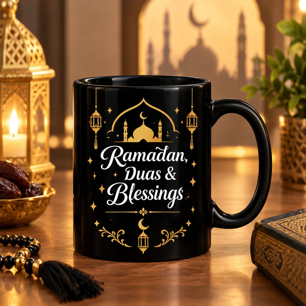 White Ceramic Ramadan Mug with Gold Mosque Silhouette, Hanging Lanterns, and Duas & Blessings Script