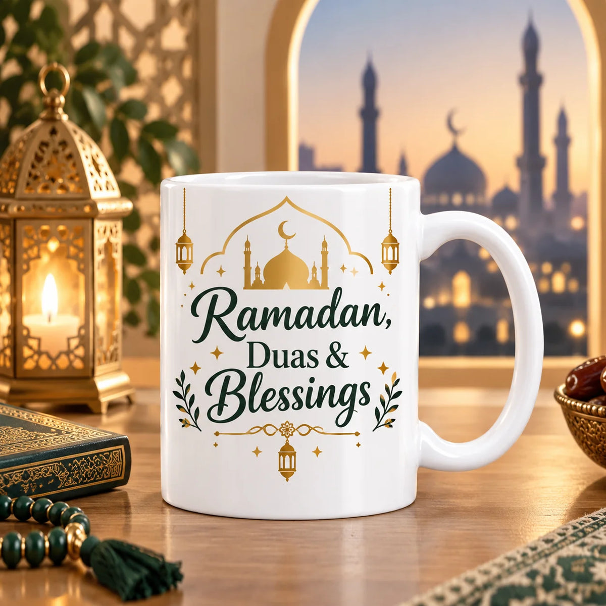 White Ceramic Ramadan Mug with Gold Mosque Silhouette, Hanging Lanterns, and Duas & Blessings Script 3