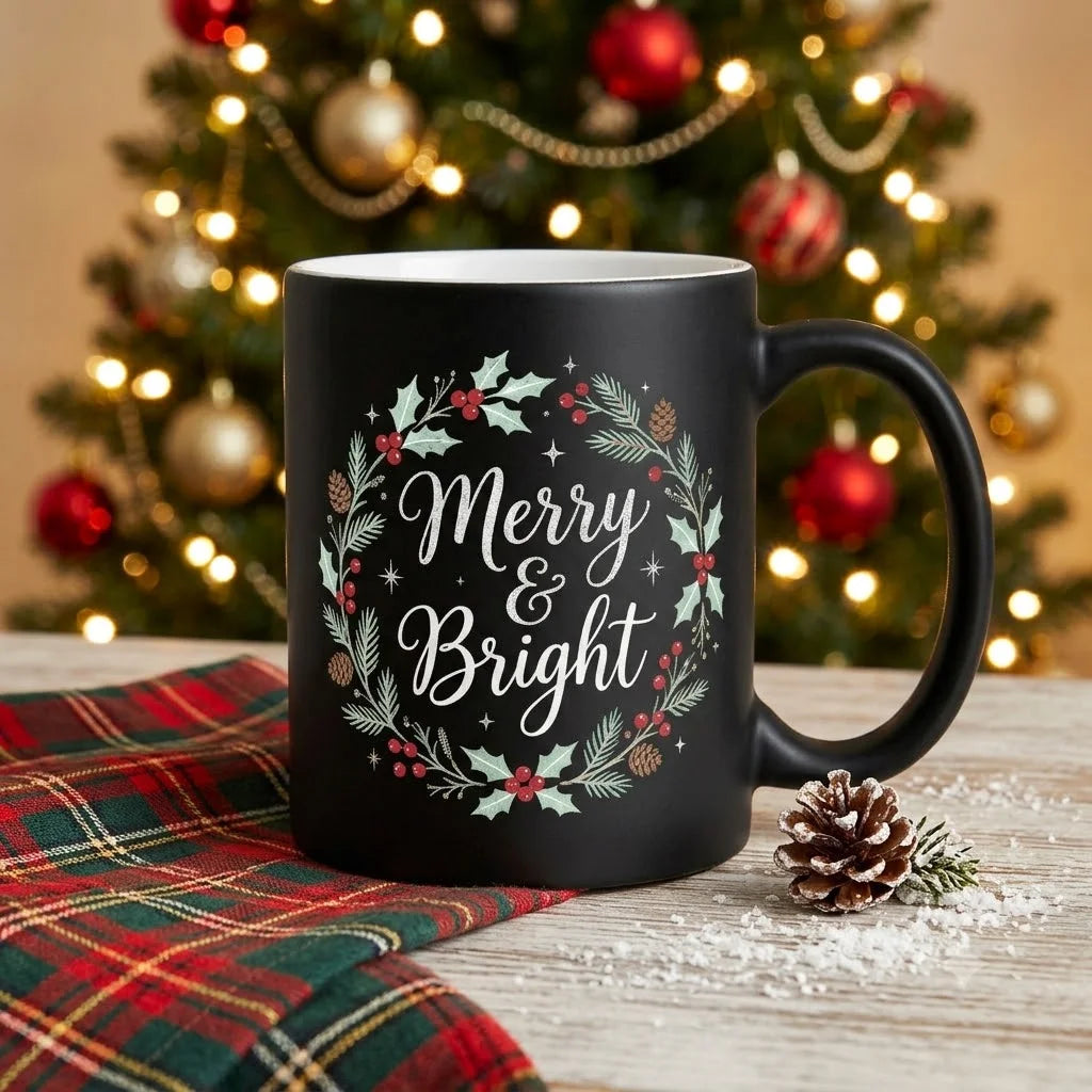 Matte Black Christmas Ceramic Coffee Mug with Merry & Bright Script Inside Holly Wreath