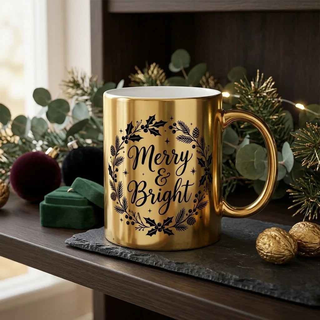 Matte Gold Christmas Ceramic Coffee Mug with Merry & Bright Script Inside Holly Wreath