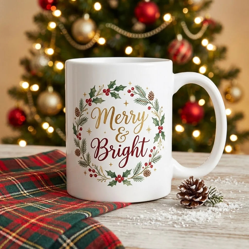 Matte White Christmas Ceramic Coffee Mug with Merry & Bright Script Inside Holly Wreath