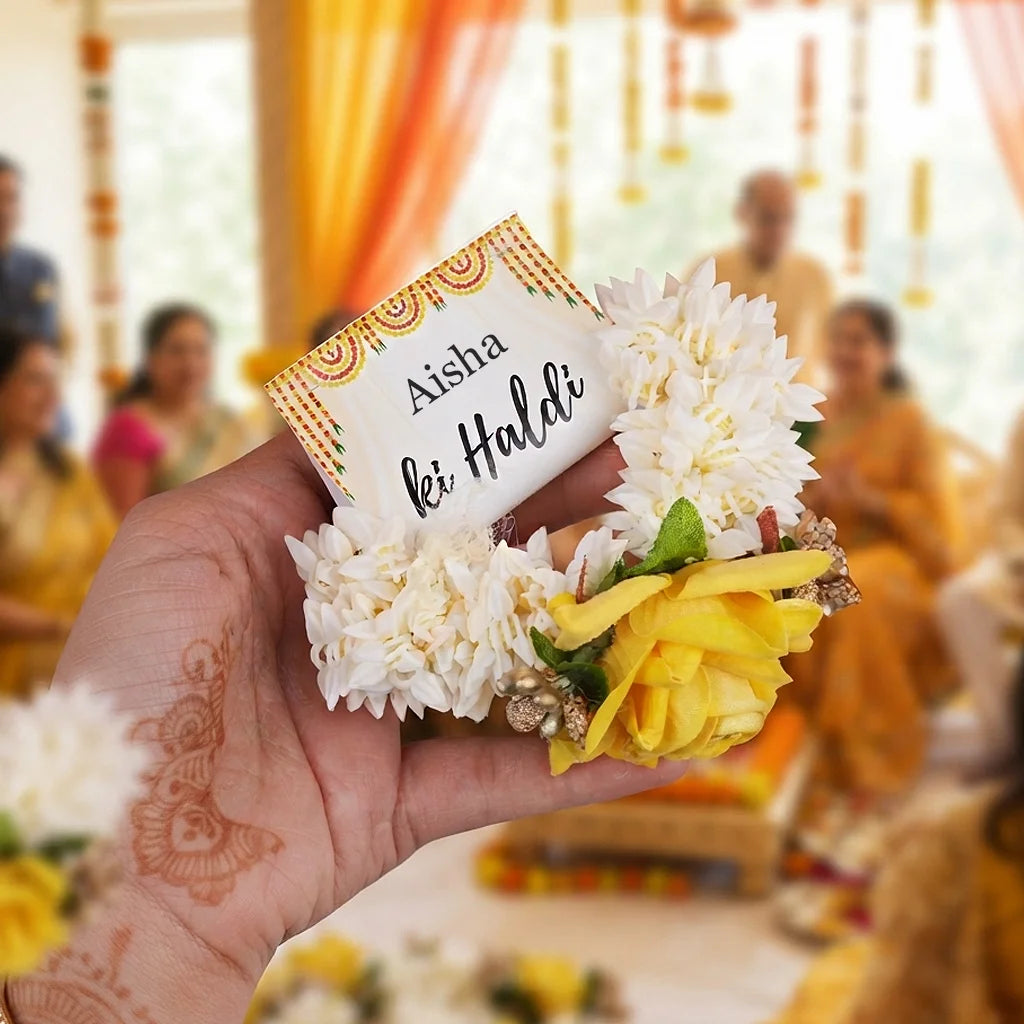 Personalized Haldi Hand Gajra Favor Card with Yellow Marigold Design and Custom Calligraphy 2