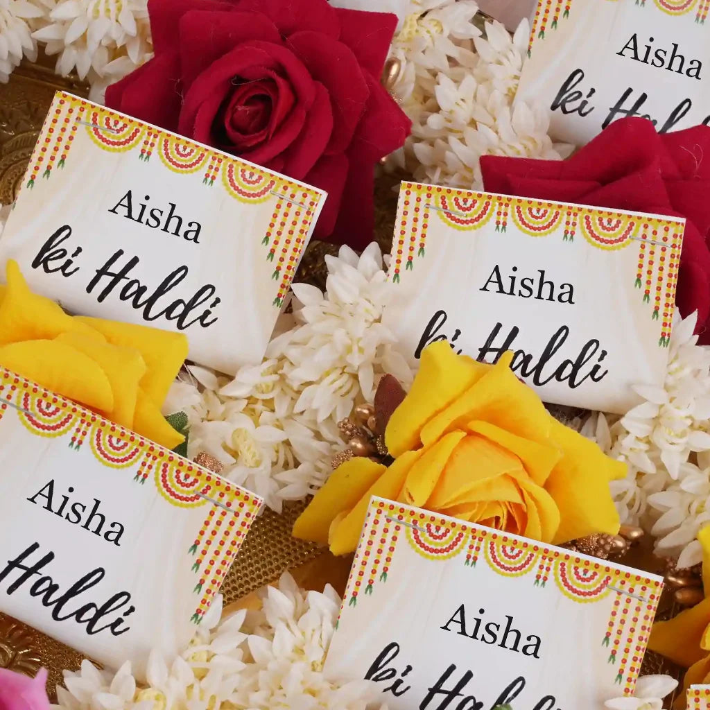 Personalized Haldi Hand Gajra Favor Card with Yellow Marigold Design and Custom Calligraphy 3