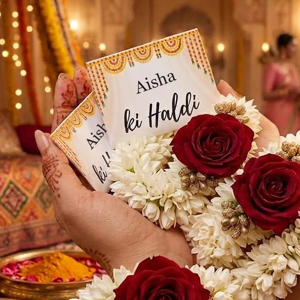 Personalized Haldi Hand Gajra Favor Card with Yellow Marigold Design and Custom Calligraphy 4