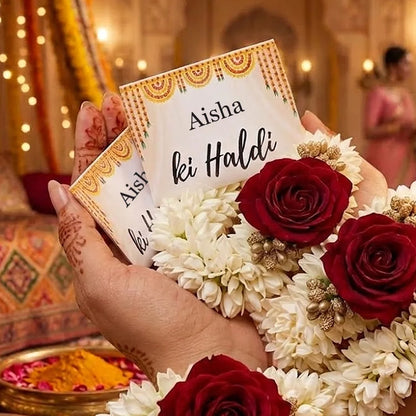 Personalized Haldi Hand Gajra Favor Card with Yellow Marigold Design and Custom Calligraphy 4