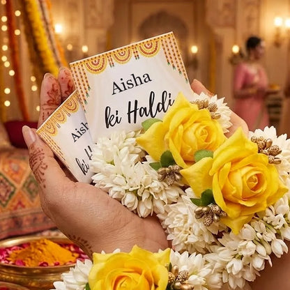 Personalized Haldi Hand Gajra Favor Card with Yellow Marigold Design and Custom Calligraphy 5
