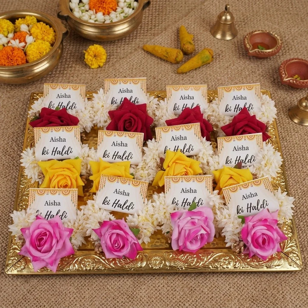 Personalized Haldi Hand Gajra Favor Card with Yellow Marigold Design and Custom Calligraphy