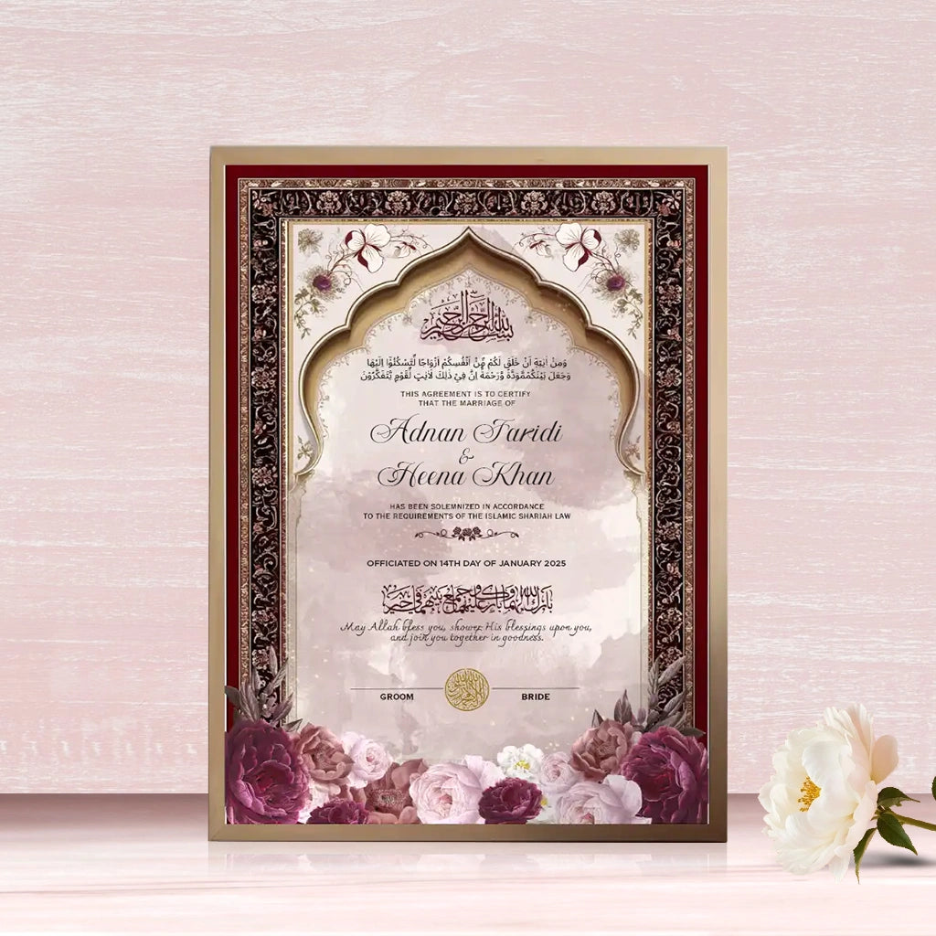 Lail-e-Ishq Personalised Nikah Nama Frame featuring deep maroon floral filigree, gold archway, rose watercolor artwork, couple names, and metallic gold frame.