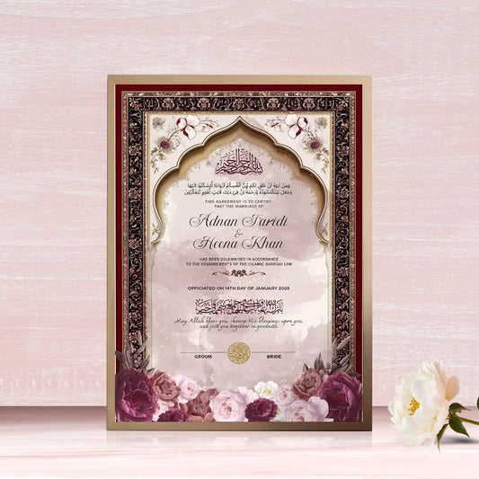 Lail-e-Ishq Personalised Nikah Nama Frame featuring deep maroon floral filigree, gold archway, rose watercolor artwork, couple names, and metallic gold frame.