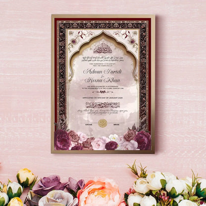 Lail-e-Ishq Personalised Nikah Nama Frame featuring deep maroon floral filigree, gold archway, rose watercolor artwork, couple names, and metallic gold frame.