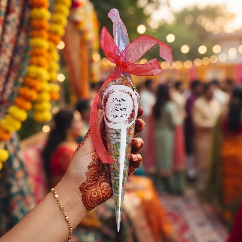 Customized Shahi Mix Sounf Cone Nikah Favor with Red Organza Ribbon and Floral Sticker 2