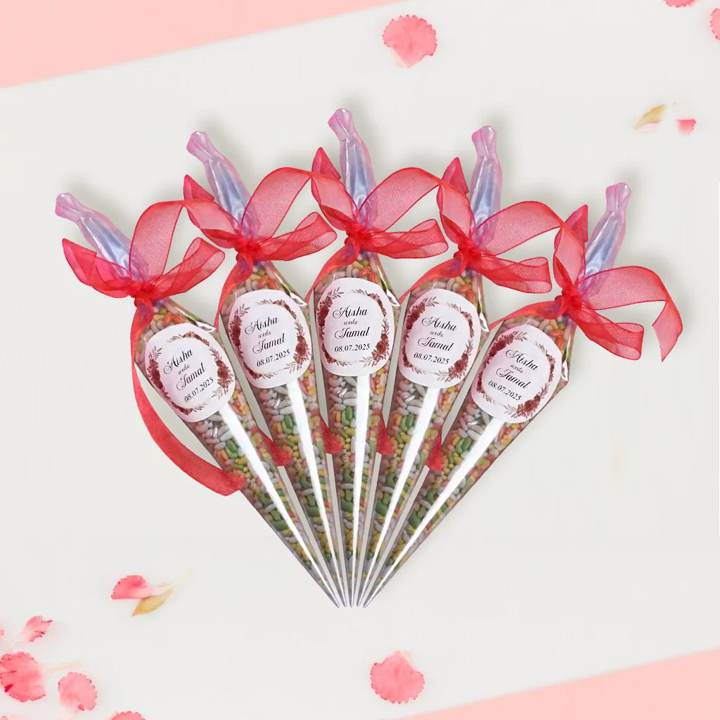 Customized Shahi Mix Sounf Cone Nikah Favor with Red Organza Ribbon and Floral Sticker
