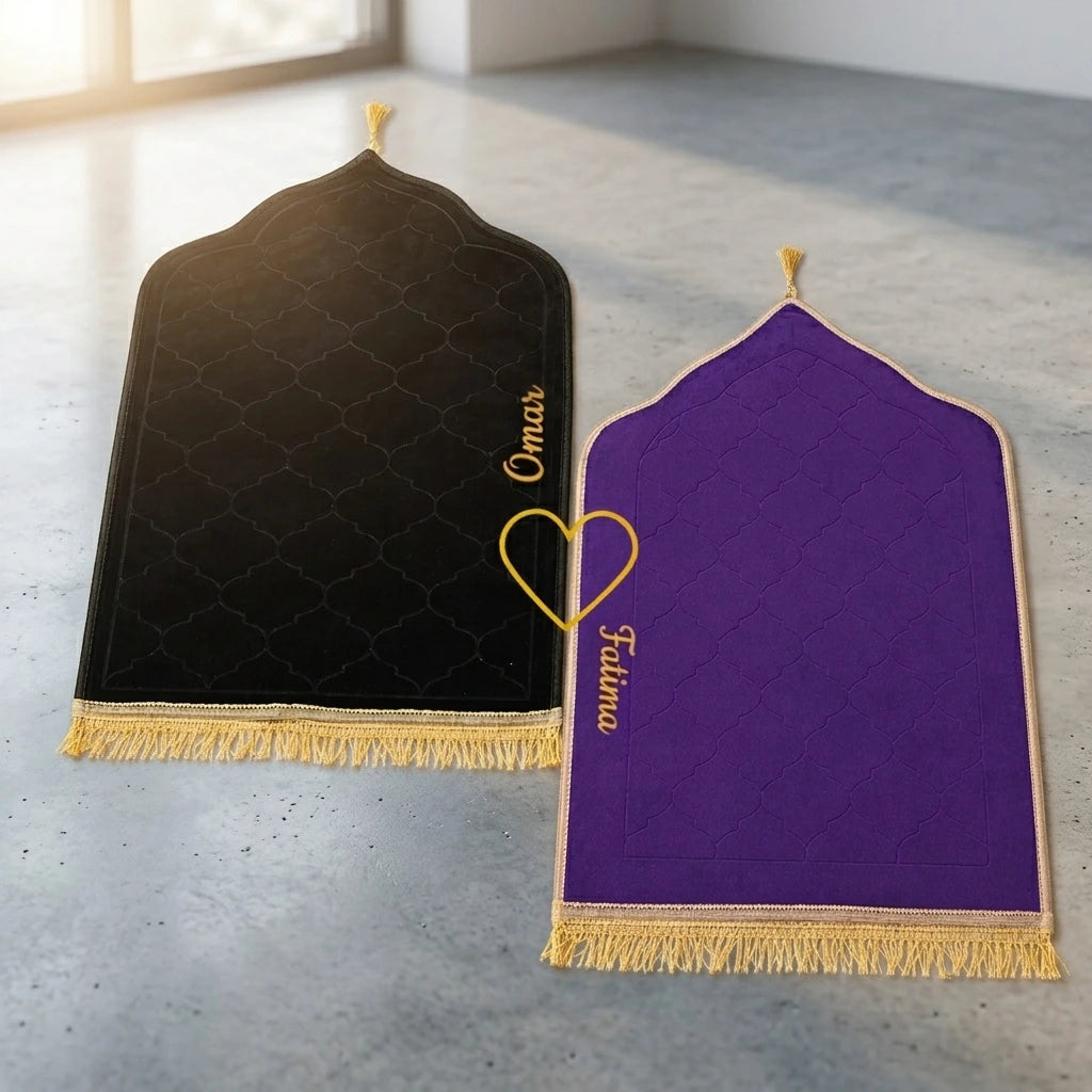 Personalized Black and Purple Velvet Couple Prayer Mat Set with Gold Calligraphy
