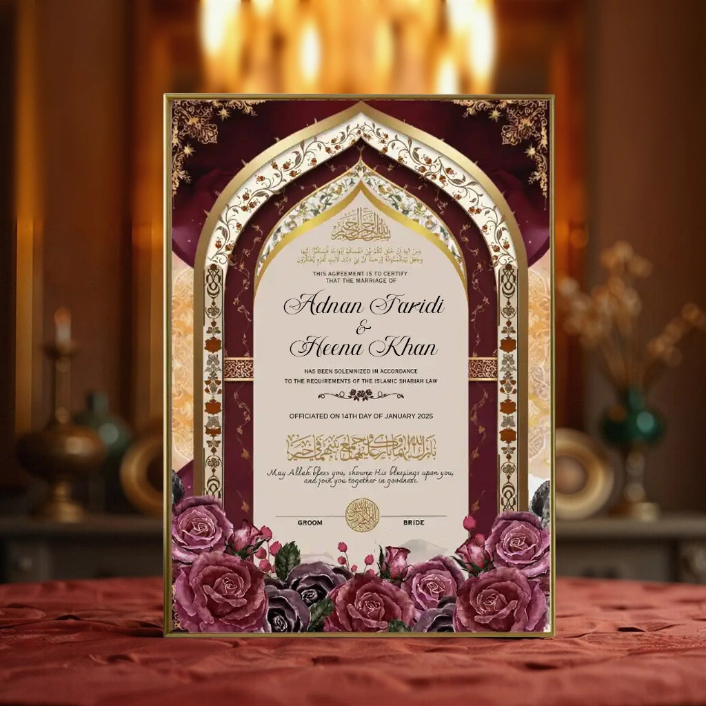 Crimson Qalb Personalised Nikah Nama Frame featuring deep red background, gold layered archway, red rose floral artwork, couple names, and metallic gold frame.