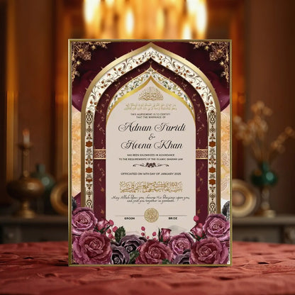 Crimson Qalb Personalised Nikah Nama Frame featuring deep red background, gold layered archway, red rose floral artwork, couple names, and metallic gold frame.