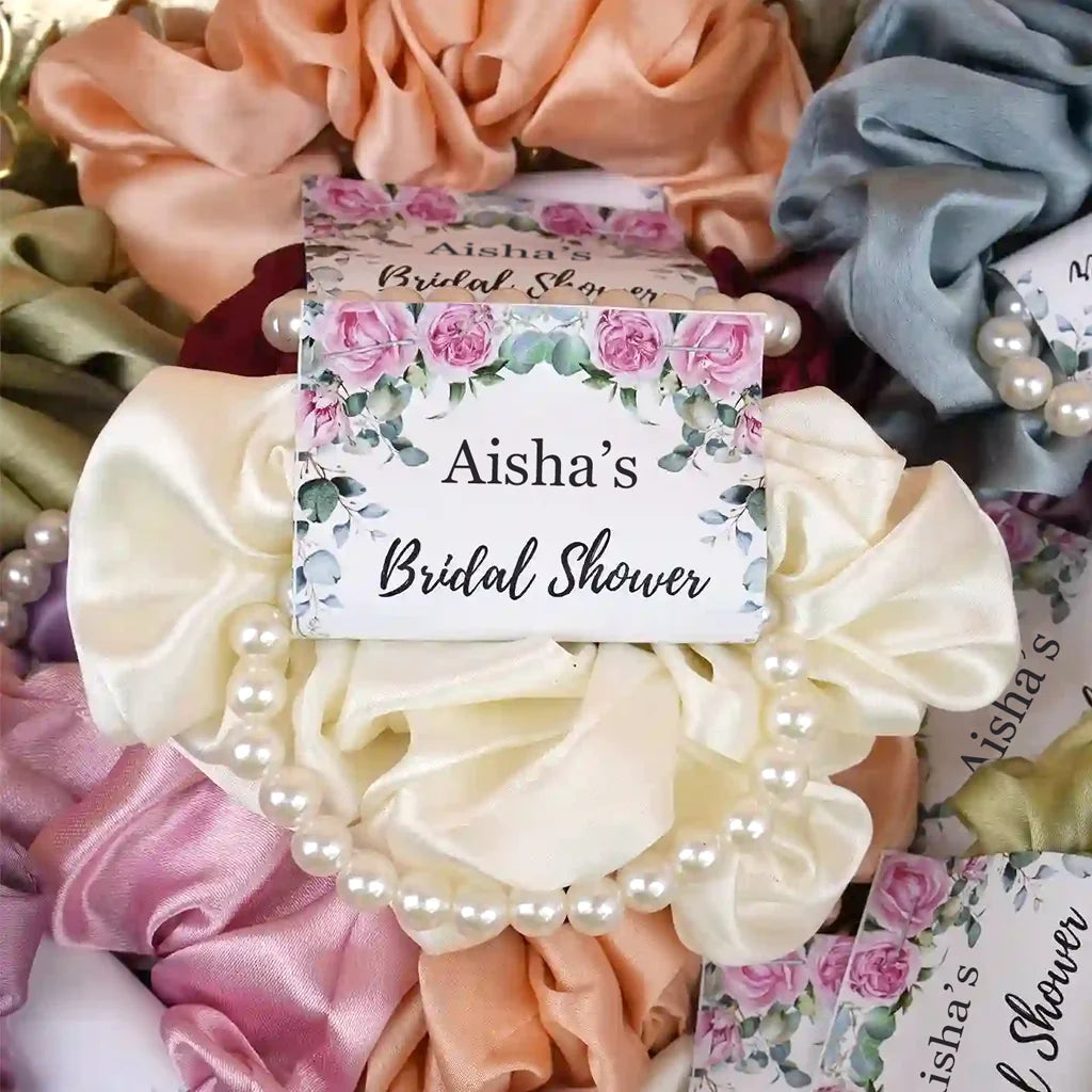 Personalized Pearl Bracelet and Satin Scrunchie Favor Set with Pink Floral Bridal Shower Card 2