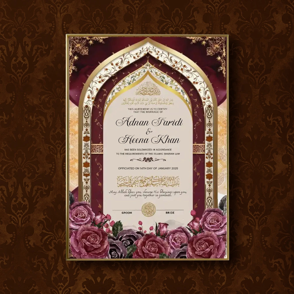Crimson Qalb Personalised Nikah Nama Frame featuring deep red background, gold layered archway, red rose floral artwork, couple names, and metallic gold frame.
