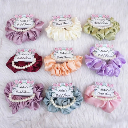 Personalized Pearl Bracelet and Satin Scrunchie Favor Set with Pink Floral Bridal Shower Card 3