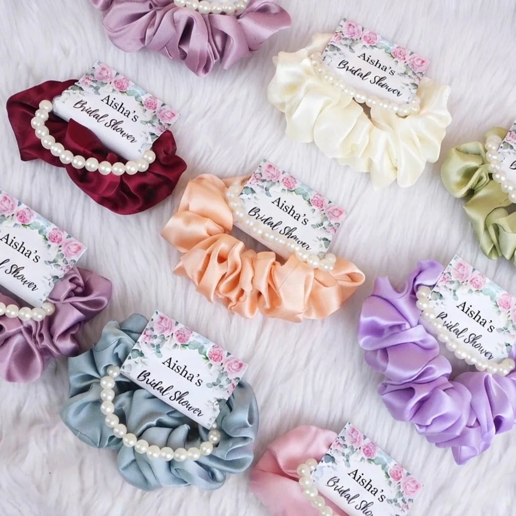 Personalized Pearl Bracelet and Satin Scrunchie Favor Set with Pink Floral Bridal Shower Card