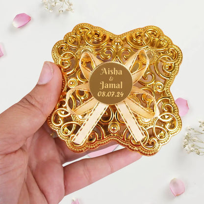 Personalized Golden Qubool Favor Box with Intricate Gold Filigree Design and Ribbon Bow Accent 2