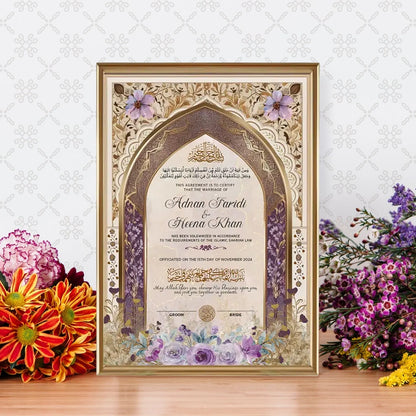 Surkh-e-Barkat Personalised Nikah Nama Frame featuring royal purple archway, gold filigree, lavender floral base artwork, couple names, and metallic gold frame.
