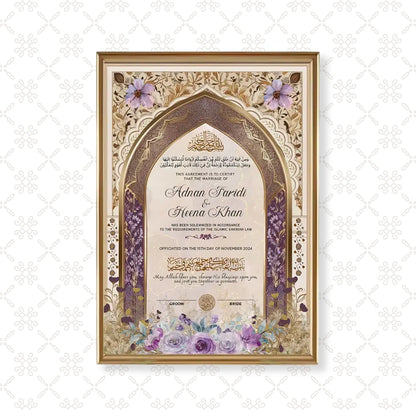 Surkh-e-Barkat Personalised Nikah Nama Frame featuring royal purple archway, gold filigree, lavender floral base artwork, couple names, and metallic gold frame.