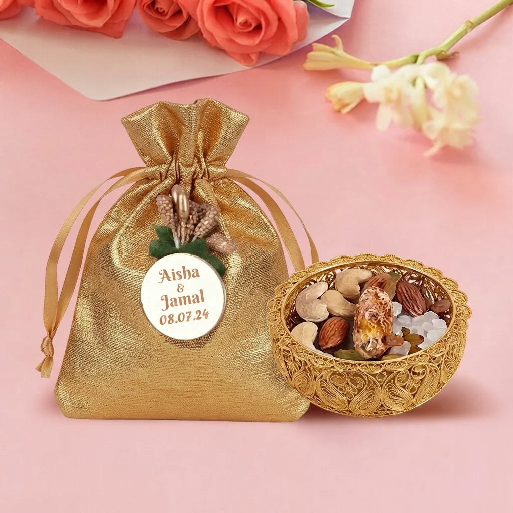 Personalized Red Metallic Nikah Favor Dry-Fruit Potli Bag with Gold Floral Emblem 3