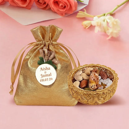 Personalized Red Metallic Nikah Favor Dry-Fruit Potli Bag with Gold Floral Emblem 3