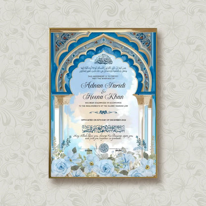 Feroza-e-Imaan Personalised Nikah Nama Frame featuring turquoise blue Islamic archway, powder blue floral artwork, Arabic calligraphy, couple names, and metallic gold frame.