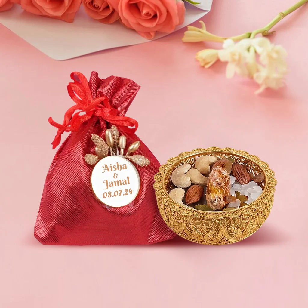 Personalized Red Metallic Nikah Favor Dry-Fruit Potli Bag with Gold Floral Emblem 6