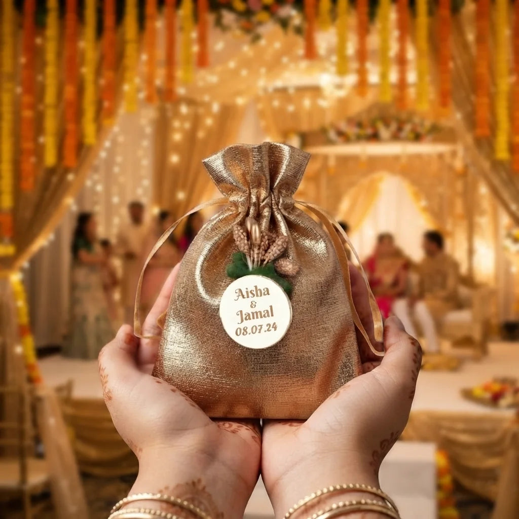 Personalized Red Metallic Nikah Favor Dry-Fruit Potli Bag with Gold Floral Emblem