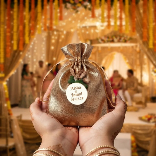 Personalized Red Metallic Nikah Favor Dry-Fruit Potli Bag with Gold Floral Emblem