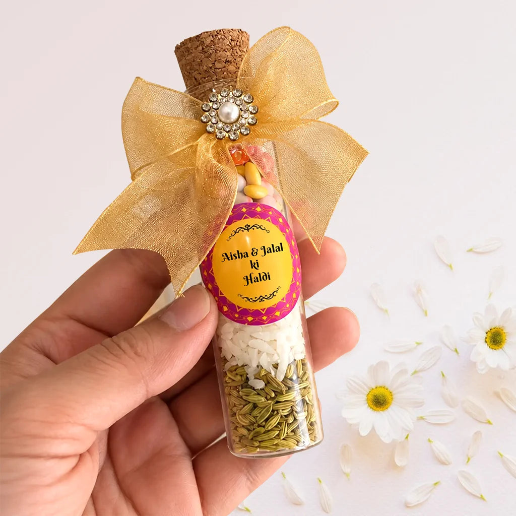 Customized Shahi Mix Sounf Favor Bottle with Golden Filigree Sticker Badge for Nikah 3
